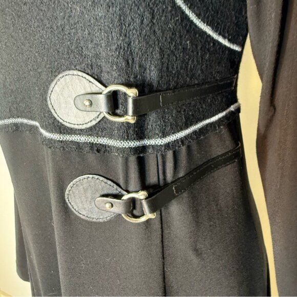 Black Long Sleeve Midi Dress Wool Bodice Horse Bit Buckle Detail Zipper Raw Hem - Picture 3 of 11